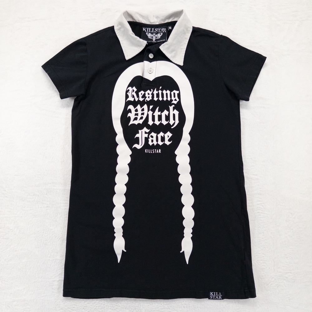 Killstar Womens Polo Shirt Size Medium Black White Resting Witch Face Goth *